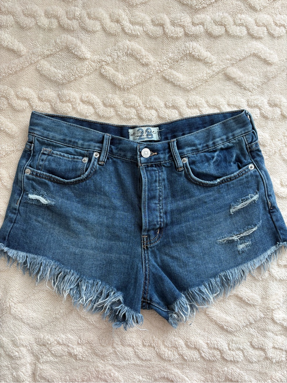 We The Free Dark Blue Distressed Frayed Hem Denim Shorts